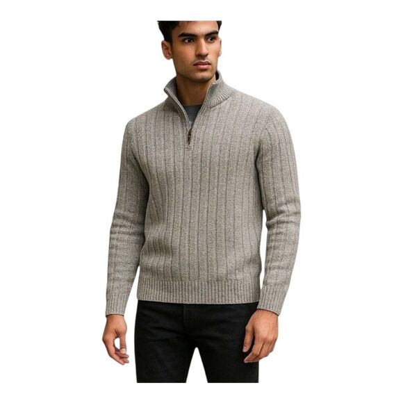 OSCAR DE LA RENTA Quarter Zip Ribbed Knit Pullover Sweater Oatmeal Men M - Picture 3 of 16